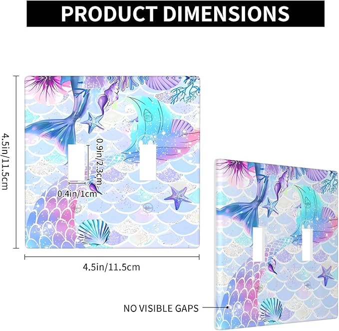 Mermaid Girl Light Switch Cover Plates Decorative 2 Gang Double Toggle Wall Plate Electrical Switchpalte Faceplate for Kid Bedroom Home Bathroom Decor 4.5" x 4.5"