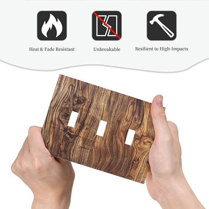 Distressed Wood Brown Wood Texture Decorative Switch Plates 3 Gang Wall Plate Triple Toggle Light Switch Cover Faceplate Electrical Wall Panels for Farmhouse Home Decor