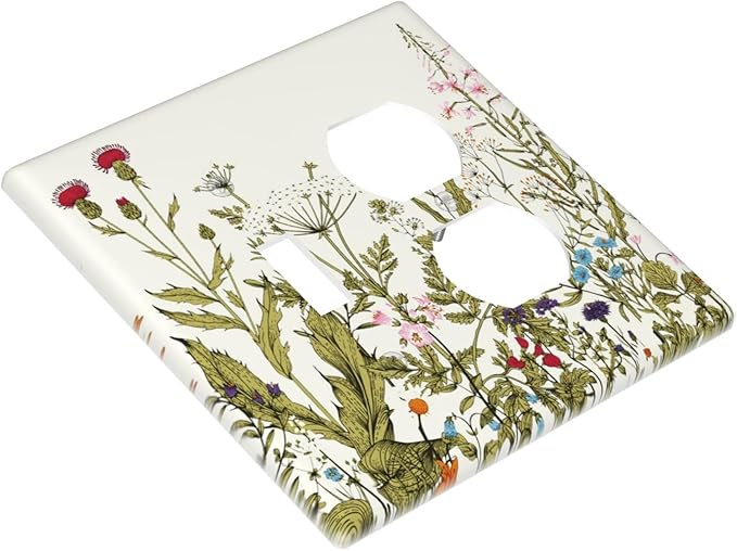 Country Spring Wildflower Floral 2 Gang Combo Device 1-Toggle 1-Duplex Outlet Light Switch Cover Colorful Vintage Flowers Blossom Nature Combination Single Toggle/Receptacle Outlet Wall Plate Covers