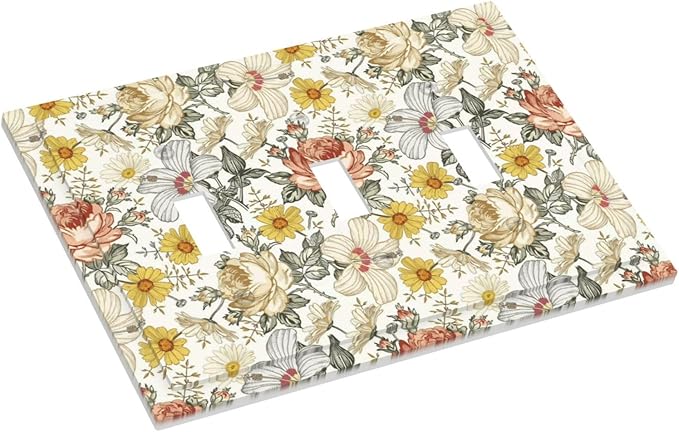 Multicolor Peony Daisy Vintage Floral Flower Decorative Switch Plates 3 Gang Wall Plate Triple Toggle Light Switch Cover Faceplate Electrical Wall Panels for Bedroom Living Room Decor