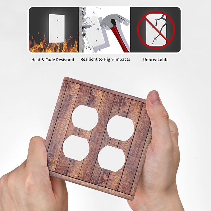 Decorative Outlet Covers with Wood Texture Rustic Vertical Planks Brown Design 2 Gang Wall Plate Double Duplex Receptacle Light Switch Cover Switch Plate Cover Vintage Kitchen/Bedroom Decor