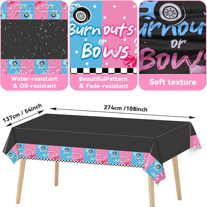 Qyeahkj Burnouts or Bows Gender Reveal Party Supplies Serves 24 Baby Boy or Girl Party Paper Plates Napkins Gender Reveal Tablecloth Set Tableware Kit for Baby Shower