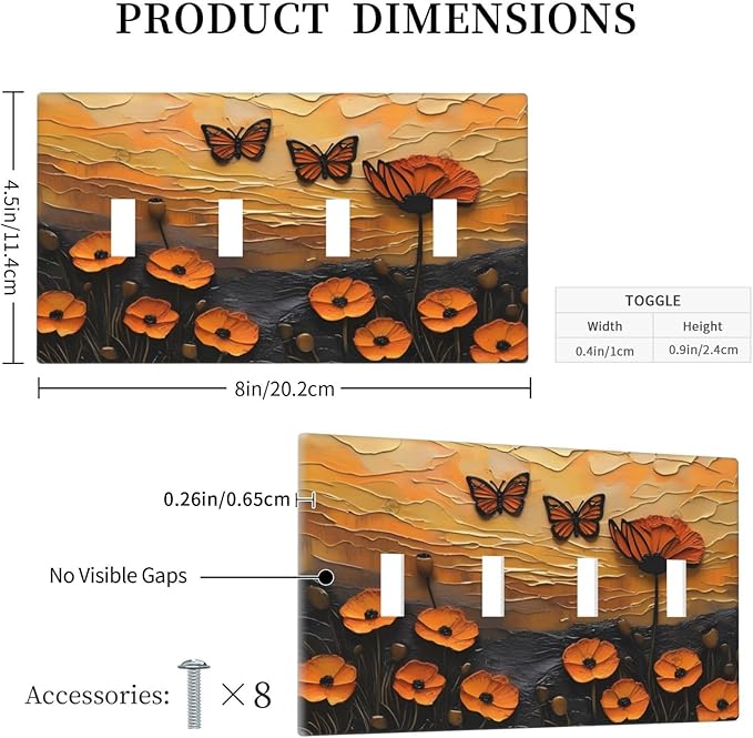 Oil Painting Flower Sunset Butterfly Vintage Rustic Floral Light Switch Covers Quad Toggle Electrical Faceplate 4 Gang Wall Plate Decorative Switch Plates Cover for Bedroom Living Room Decor