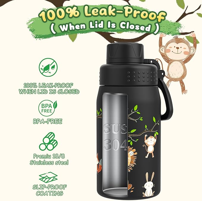 GOPPUS 15oz Kids Water Bottle with Spout Lid, Toddler Water Bottle, Stainless Steel Insulated Water Bottle, Leakproof, BPA Free, Suitable for Boys and Girls for School（Forest Animals）