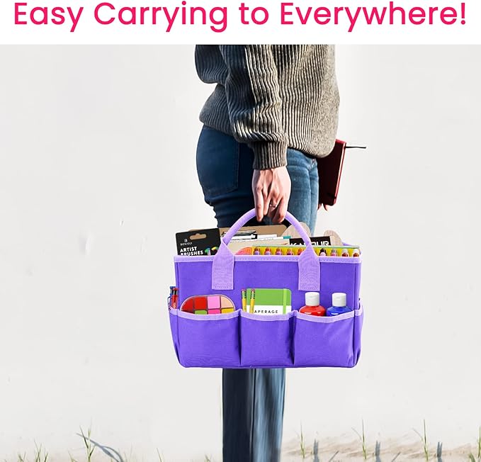 Godery Desktop Tote and Organizer, Teacher Helper caddy Bag for Arts, Books, Stationery, Office Desk Organization, Make-up Storage with Handles for Travel (Purple)
