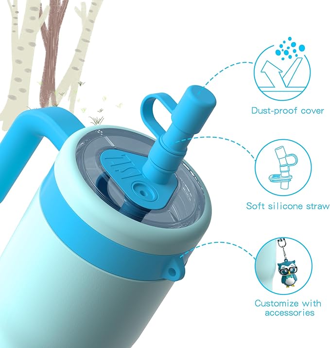OISIZ 14oz Kids Tumbler with Straw Lid & Handle,Kids Cup with Animal Accessory for School,Kids Water Bottles with Dust-proof Cover,Leakproof Bottles,316 Stainless Steel,Keep Cold 24 Hours-sky blue