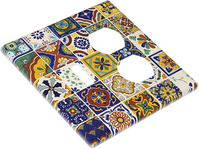 Talavera Kitchen Mexican Tile Combination 1-Toggle 1-Duplex Receptacle 2 Gang Wall Plate, Yellow/Blue Moroccan Mexico Mosaic 2 Gang Combo Single Toggle/Light Switch One Duplex Outlet Faceplate Cover