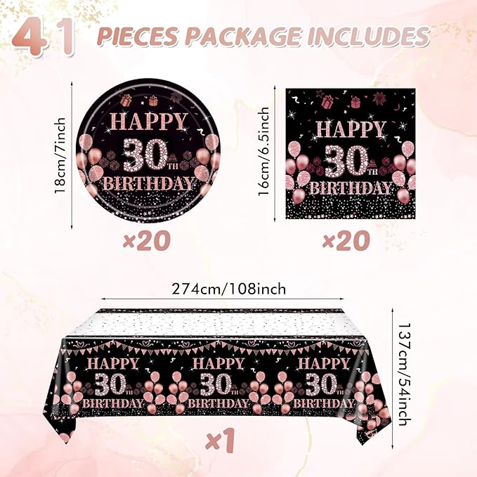 41pcs 30th Birthday Decorations for Her, 30th Birthday Decorations for Women, Rose Gold 30th Birthday Supplies for 20 Guest Happy 30th Birthday Party Tableware Includes Plates Napkins and Tablecloth