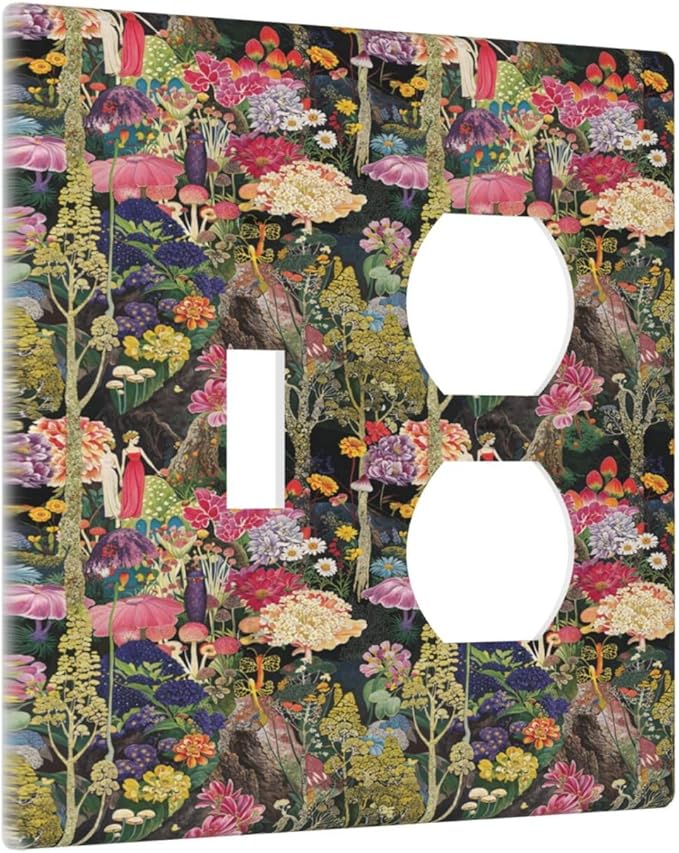 Dreamy Tropical Rainforest Colorful Mushroom Wildflower Wallplates 1 Toggle 1 Duplex Switch Plate Electrical GFCI Faceplate Decorative Light Switch Covers for Farmhouse Kids Room Decor
