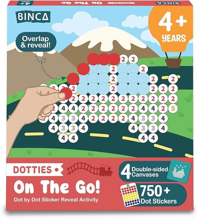 BINCA Dotties Dot Art Activity Kit - On the Go, 750+ Stickers, Vehicles Mess-Free Activities, DIY Dot Sticker Art, Travel Activities, Gifts for Boys & Girls Ages 4,5,6,7
