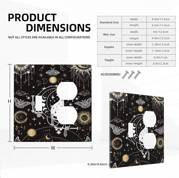 White Cat Tarot Moon Phases Moth Celestial Gothic Wallplates 1 Toggle 1 Duplex Switch Plate Electrical GFCI Faceplate Decorative Light Switch Covers for Kids Room Bedroom Decor