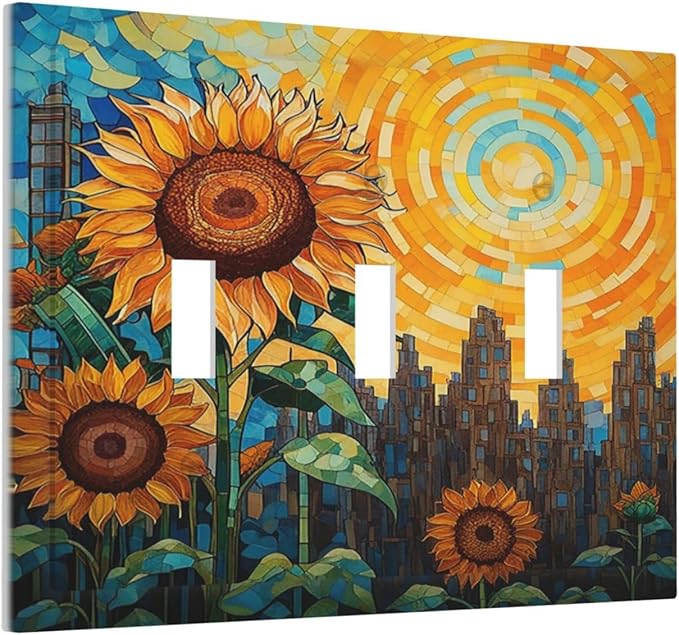 Abstract Sunflower Graffiti Floral Paint Art Flower Decorative Switch Plates 3 Gang Wall Plate Faceplate Electrical Wall Panels Triple Toggle Light Switch Cover for Bedroom Living Room Decor