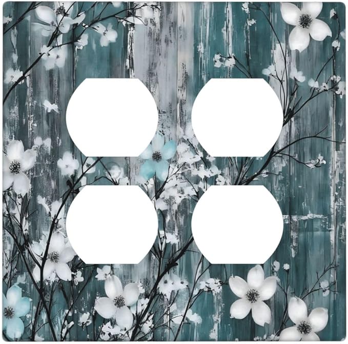 Rustic Blue Watercolor Flower Wooden Background Outlet Covers 2 Gang Double Duplex Decorative Light Switch Covers Electrical Wallplates Socket Faceplate for Bedroom Living Room Decor