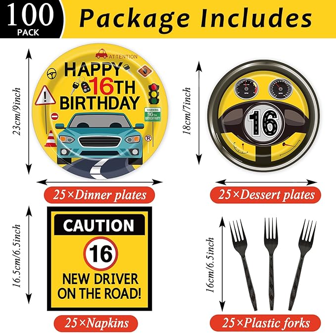 100 Pcs Drivers License 16th Birthday Party Decorations New Driver Car Plates and Napkins Set Disposable Racing 16 Years Old Paper Tableware for Boys Learner Driver Theme Supplies Serves 25