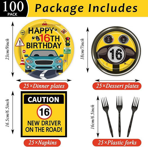 100 Pcs Drivers License 16th Birthday Party Decorations New Driver Car Plates and Napkins Set Disposable Racing 16 Years Old Paper Tableware for Boys Learner Driver Theme Supplies Serves 25