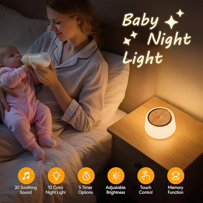 White Noise Machine with Night Light, 30 Soothing Sounds Portable Sound Machine for Baby and Adults, 10 Color Night Light, 5 Timer Options, Memory Function,Compact for Travel (Wood Grain)