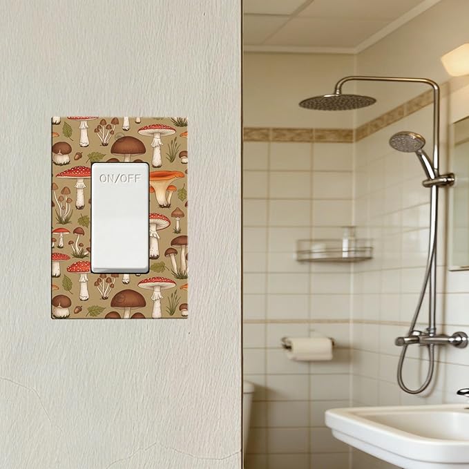 Whimsical Mycology Single Rocker Switch Cover - 1-Gang Standard US Size Vintage Mushroom Light Switch Covers, Woodland Medley for Farmhouse Home Decor