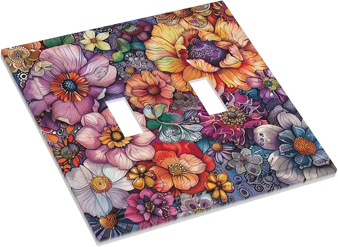 Decorative Switch Plates Colorful Bohemian Flowers Vintage Boho Floral 2 Gang Double Toggle Outlet Light Switch Cover Wall Plate Electrical Faceplate for Bed Room living Room Decor