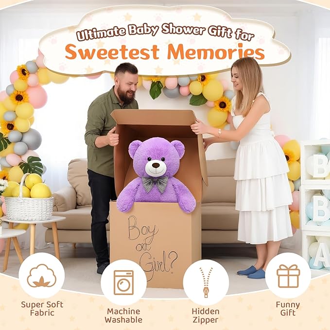 MorisMos Large Teddy Bear, 39inch Giant Teddy Bear Stuffed Animals Plush, Soft Big Bears for Girls Girlfriend, Purple