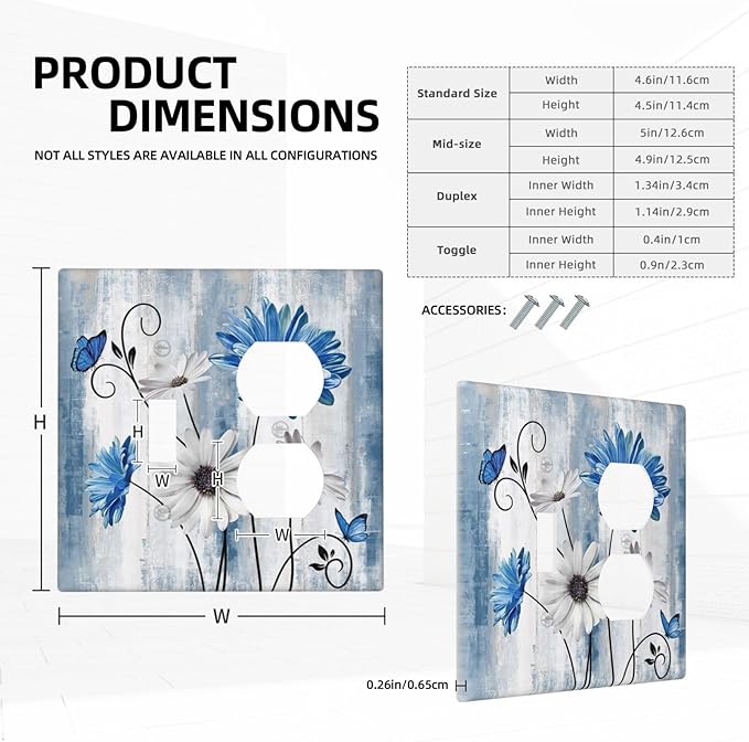 Light Switch Cover Rustic Teal Blue Daisy Floral Farmhouse 2 Gang Outlet Cover 1 Toggle Duplex Decorative Switch Plates Wall Plate Electrical Receptacle Faceplate for Bathroom Bedroom