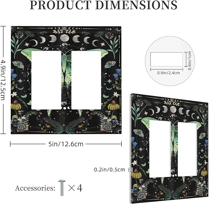 Moon Phase Butterfly Wildflower Plant Mysterious Night Moonlit Decorative Outlet Covers 2 Gang Double GFCI Rocker Electrical Wall Panels Light Switch Cover Plate for Bedroom Living Room Decor
