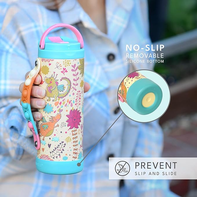 Elemental Iconic Kids Water Bottle for School - 100% Leak-Proof Insulated Water Bottles with Straw Lid & Pop-It Handle for Boys & Girls - Triple-Wall Insulated & BPA-Free, 14oz – Dragon