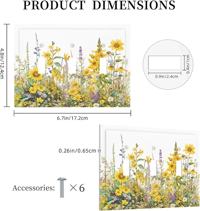 Wildflowers Sunflower Lavender Daisy Floral Decorative Switch Plates 3 Gang Wall Plate Triple Toggle Light Switch Cover Faceplate Electrical Wall Panels for Bedroom Living Room Decor