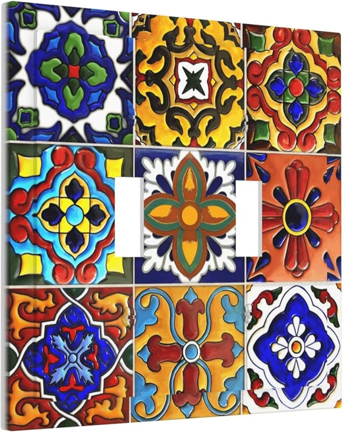 Vintage Colorful Boho Mexican Moroccan Tile Decorative Switch Plates 2 Gang Double Toggle Outlet Light Switch Cover Wall Plate Electrical Faceplate for Farmhouse Home Decor