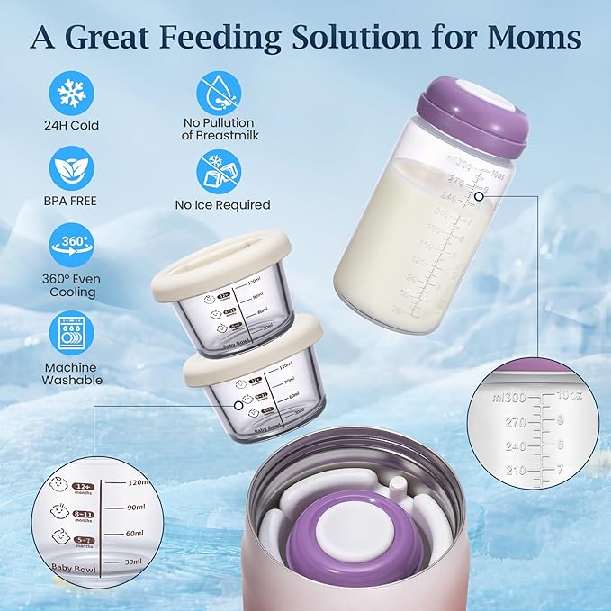 3-in-1 Breast Milk Cooler for 24H 360° Cooling, 11oz Breastmilk Chiller with Bottle & 8oz Baby Food Containers & 27oz Insulated Food Jar, Fits from Baby to Adult for Outdoor, Work & Travel - Berry