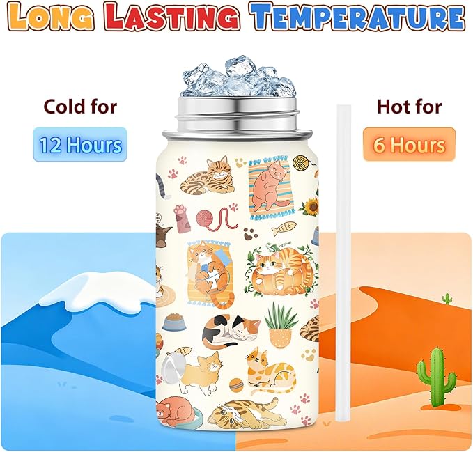 Cat Gifts for Kids - 12 Oz Orange Cat Water Bottle with Straw Lid, Stainless Steel Insulated Tumbler, Leak Proof, for Boys & Girls, School, Travel - Funny Cats Lovers Children Birthday Gifts Cups(1pc)