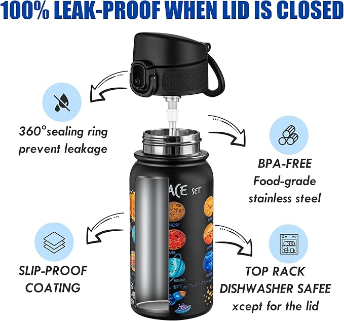 OLDLEY 12oz Kids Water Bottle, Stainless Steel Insulated Water Bottle For Kids, With Straws Leak-proof, Kids Water Bottles For School Boys Girls,Space Planet