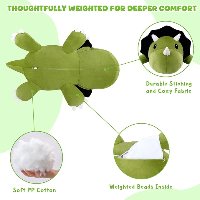 TOYSYM Weighted Stuffed Animals Triceratops, Dinosaur Plush with Weighted Beads, Cute Triceratops Dinosaur Stuffed Animals Pillow Gifts for Adults Kids Boys Girls 13.8inch