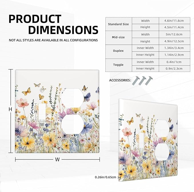 Wildflowers Colorful Flower Butterfly Floral Wallplates 1 Toggle 1 Duplex Switch Plate Electrical GFCI Faceplate Decorative Light Switch Covers for Farmhouse Bedroom Decor