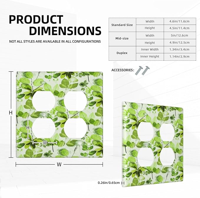 Green Leaves Spring Plant Floral Outlet Covers 2 Gang Double Duplex Decorative Light Switch Covers Electrical Wallplates Socket Faceplate for Bed Room Living Room Decor