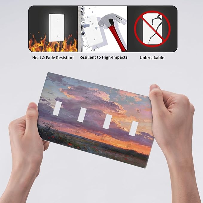Abstract Sunset Dusk Natural Scenery Wild Flowers Light Switch Covers Quad Toggle Electrical Faceplate 4 Gang Wall Plate Decorative Switch Plates Cover for Farmhouse Bedroom Decor