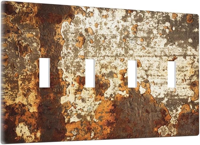 Light Switch Covers Vintage Metal Rust Texture Peeling Paint Quad Toggle Electrical Faceplate 4 Gang Wall Plate Decorative Switch Plates For Farmhouse Cabin Decor