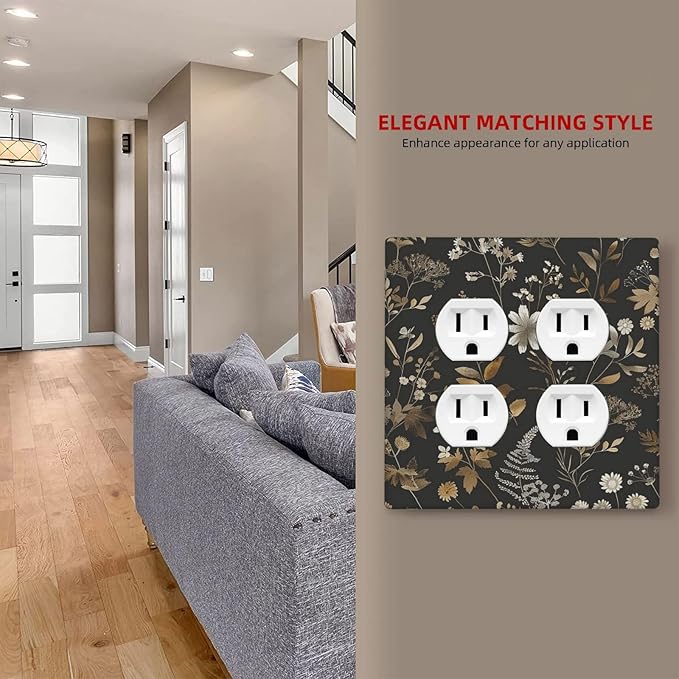 Outlet Covers Black Gold Floral Dark Leaves Vintage Flowers 2 Gang Double Duplex Decorative Light Switch Covers Electrical Wallplates Socket Faceplate for Bed Room Home Decor
