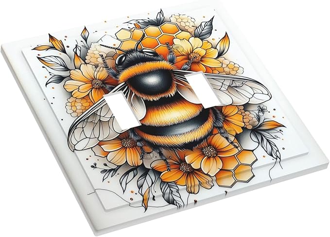 Decorative Switch Plates Bee Honeycomb Flowers Plant Leaves 2 Gang Double Toggle Outlet Light Switch Cover Wall Plate Electrical Faceplate For Nursery Kids Room Decor