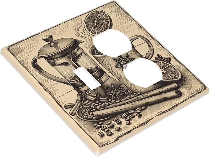 Light Switch Cover Plate Beige Vintage Rustic Coffee Beans Spice 2 Gang Decorative Switch Plates 1 Toggle Duplex Combo Outlet Covers GFCI Wall Plates for Kitchen Coffee Bar Decor