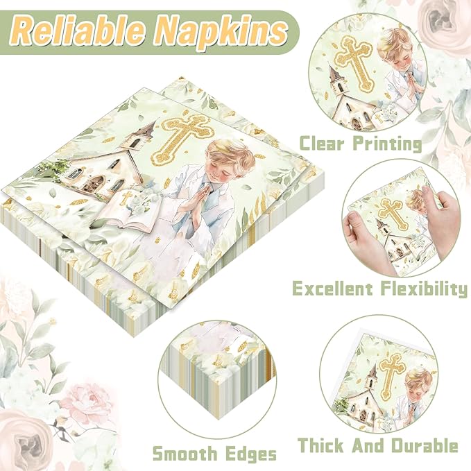 96Pcs First Communion Plates and Napkins for Baptism God Bless Party Supplies Green Mi Primera Comunion Paper Dessert Plates Tableware Set for Boy 24 Guests Baby Birthday Christening Party Decorations