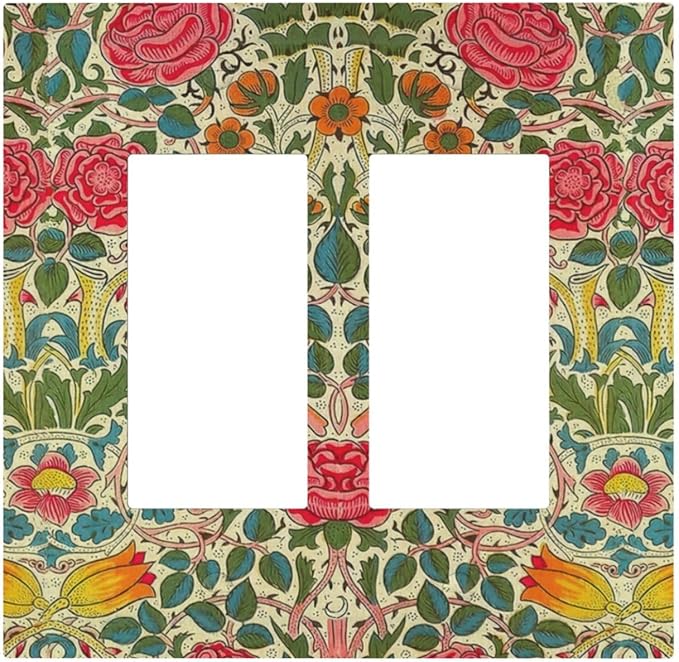 William Morris Roses Floral Double Rocker Light Switch Cover Plate VintageTulip Flower Plant Bird 2 Gang Outlet Covers Switchplates Decorative Electrical Faceplate for Bedroom Kitchen Décor