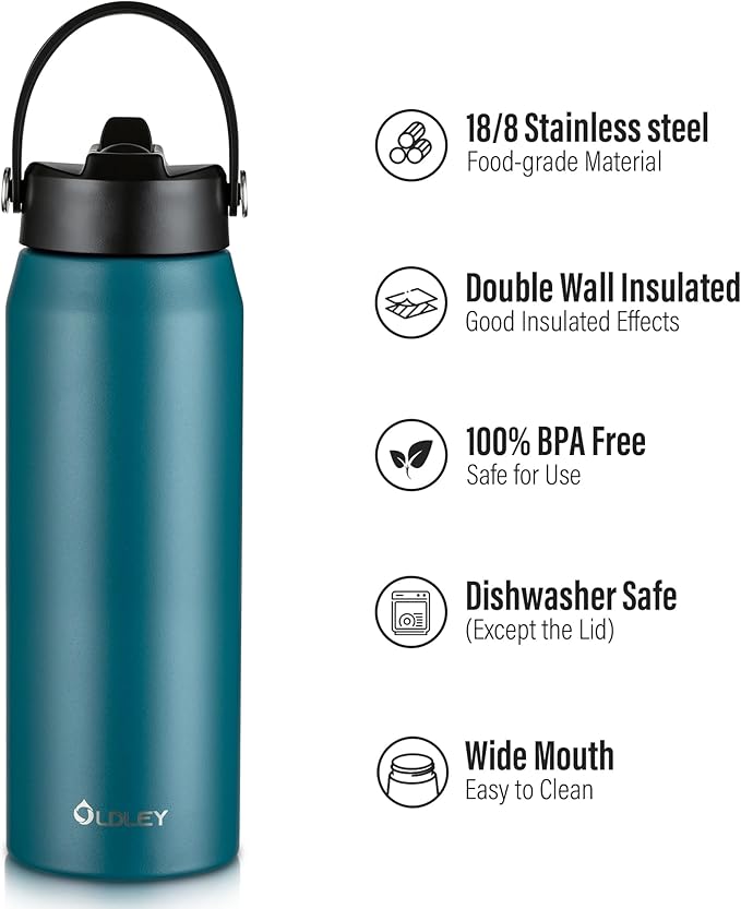 Oldley 24oz Insulated Water Bottle with Straw, Stainless Steel Water Bottle for Sports, Travel, School, BPA-Free Sports Bottles for Adult Kids, Leak-Proof, Emerald Green