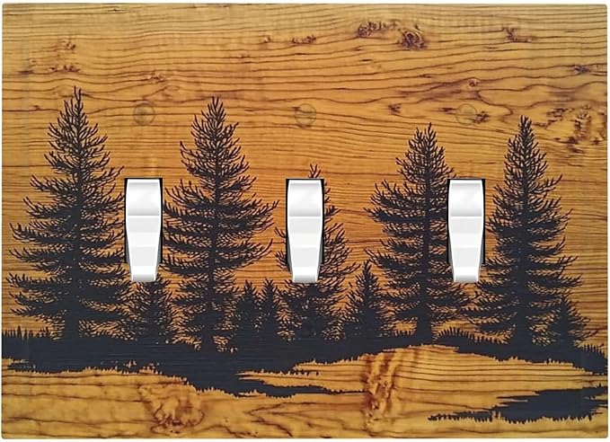 Decorative Switch Plates Forest Pine Silhouette Rustic Wood Grain 3 Gang Wall Plate Triple Toggle Light Switch Cover Faceplate Electrical Wall Panels For Farmhouse Cabin Decor