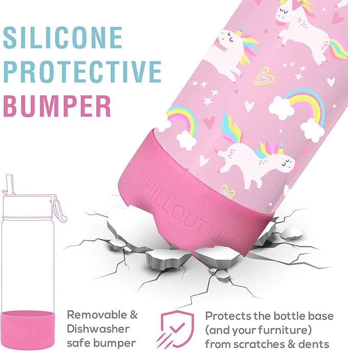 CHILLOUT LIFE 17 oz Kids Insulated Water Bottle for School with Straw Lid Leakproof and Cute Waterproof Stickers, Personalized Stainless Steel Thermos Flask Metal Water Bottle, Pink Unicorn