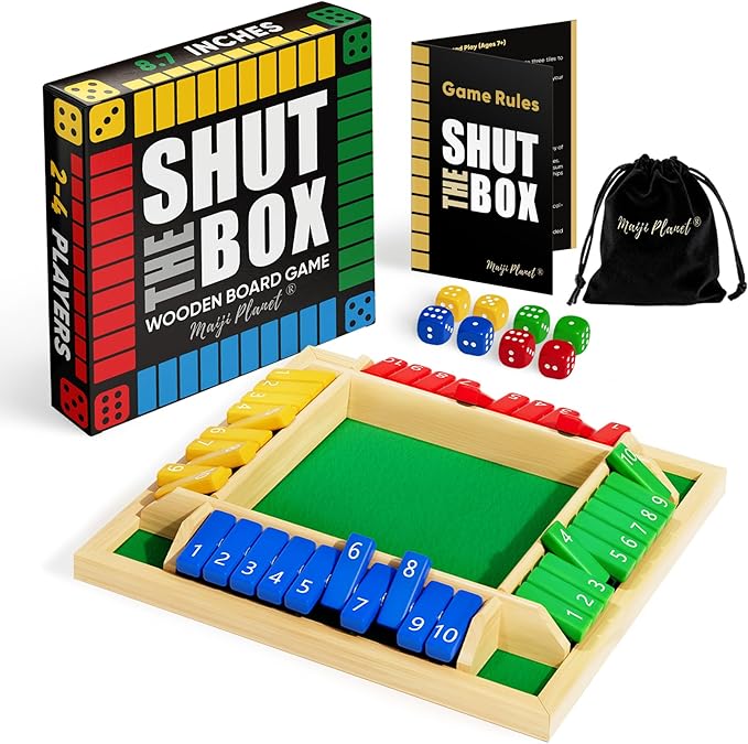 Classic Original Shut The Box Game, Math Dice Board Game for Family Night Classroom Travel, Wooden Table for Group Kid Adult Senior, Camp Party Bar, Easy Quick and Fun, 2-4 Players
