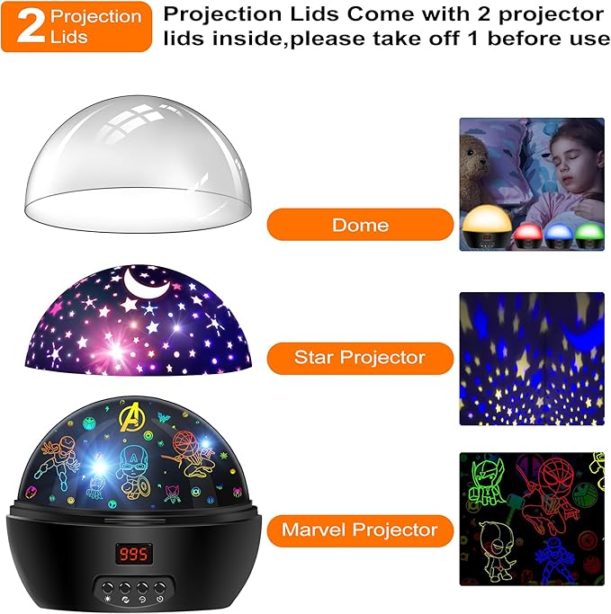 MOKOQI Kid Light Projector Superhero Toys for Boys 5-7 Avengers Night Light Projector with Timer for Kids Room, 360 Degree Rotation Toddler Nightlights with Spiderman Figurine Star Lamps