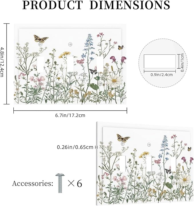 Decorative Switch Plates Rustic Wildflowers Butterfly Colorful Floral 3 Gang Wall Plate Triple Toggle Light Switch Cover Faceplate Electrical Wall Panels For Bed Room Living Room Decor