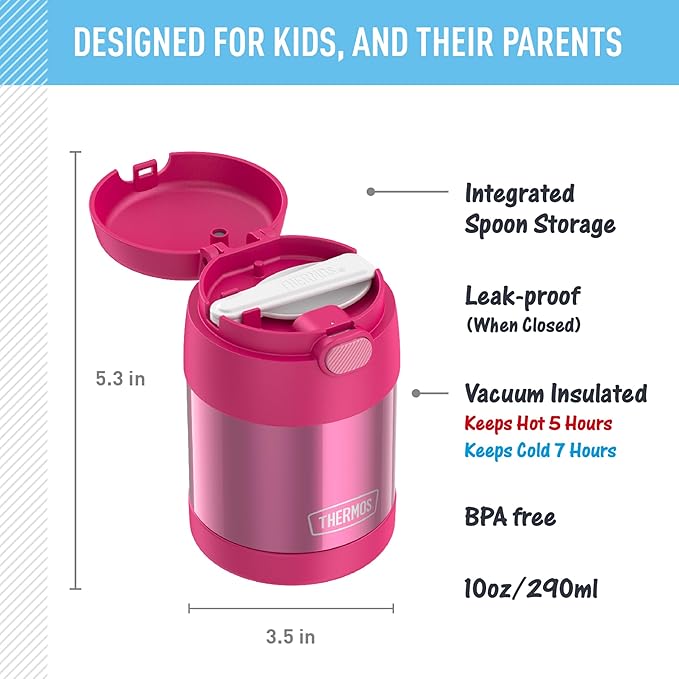THERMOS FUNTAINER Insulated Food Jar,10 Ounce,Kid Friendly Food Jar with Foldable Spoon,Pink,(Pack of 6)