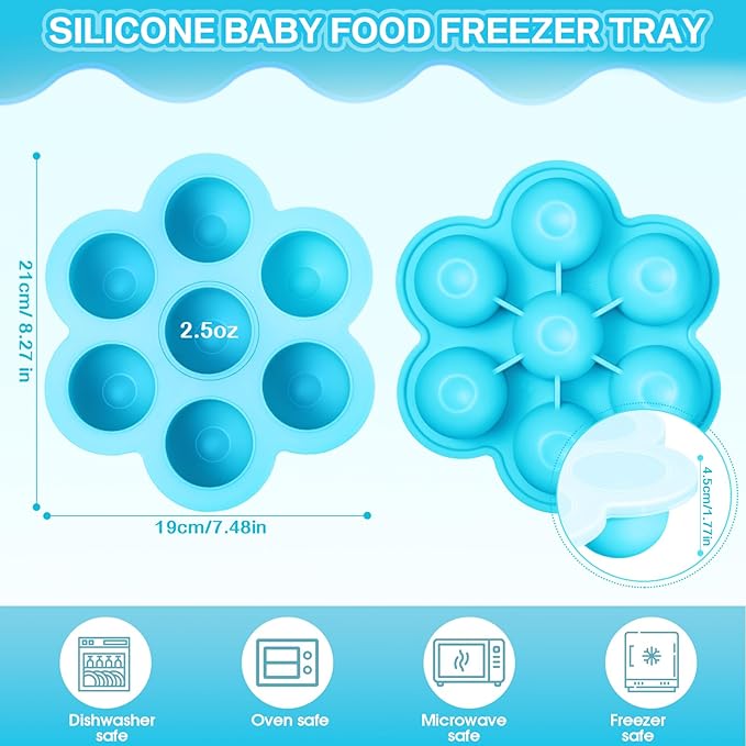 Potchen 4 Pcs Silicone Baby Food Freezer Tray with Lid Stackable Reusable 2.5oz Silicone Baby Food Freezer Molds Storage Tray for Homemade Egg Bite Vegetable Fruit Purees Breastmilk(Blue)