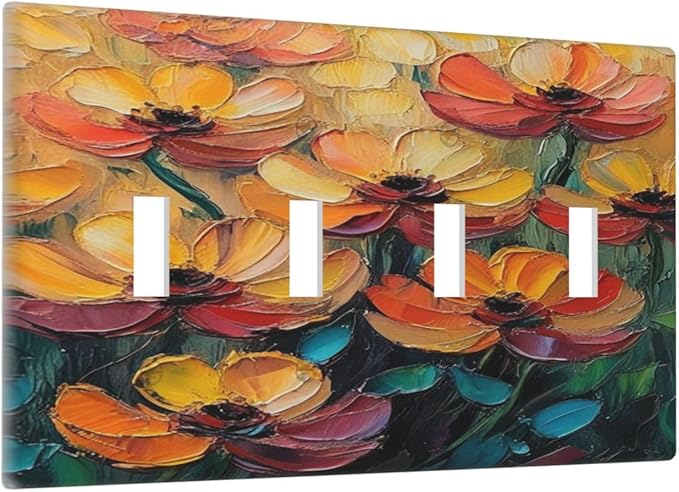 Decorative Art Light Switch Covers Color Flower Blaze Quad Toggle 4 Gang Wall Plate Switch plate Electrical Faceplate for Home Decor